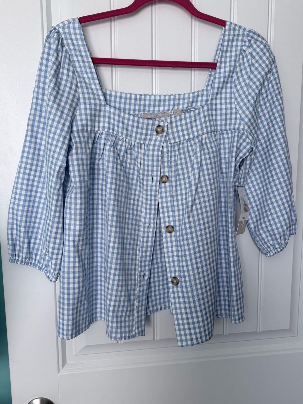 Sunny Leigh Light Blue Gingham Square-Neck Button-Front Blouse